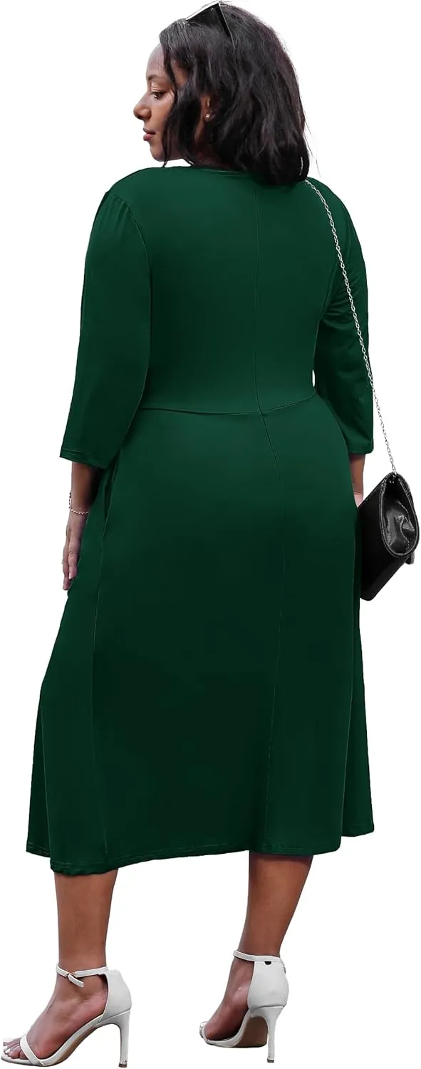 Nmoder Women's Plus Size Stretchy Flared Wrap Dress Casual Wedding Guest Midi Dresses V Neck 3/4 Sleeve A-Line Swing Dress