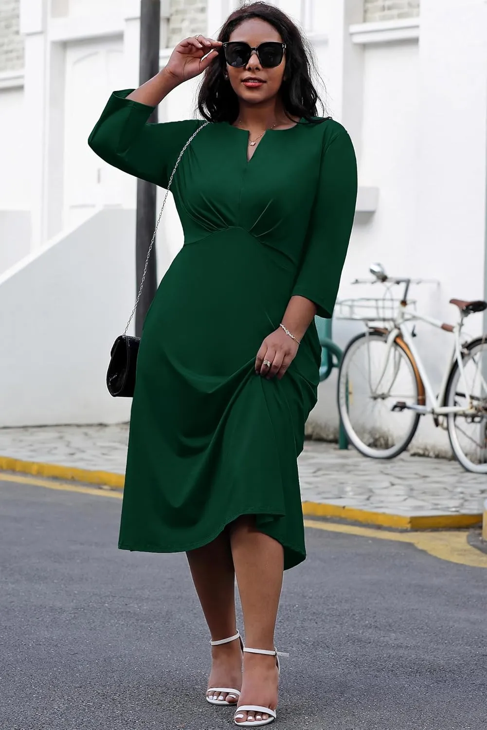 Nmoder Women's Plus Size Stretchy Flared Wrap Dress Casual Wedding Guest Midi Dresses V Neck 3/4 Sleeve A-Line Swing Dress