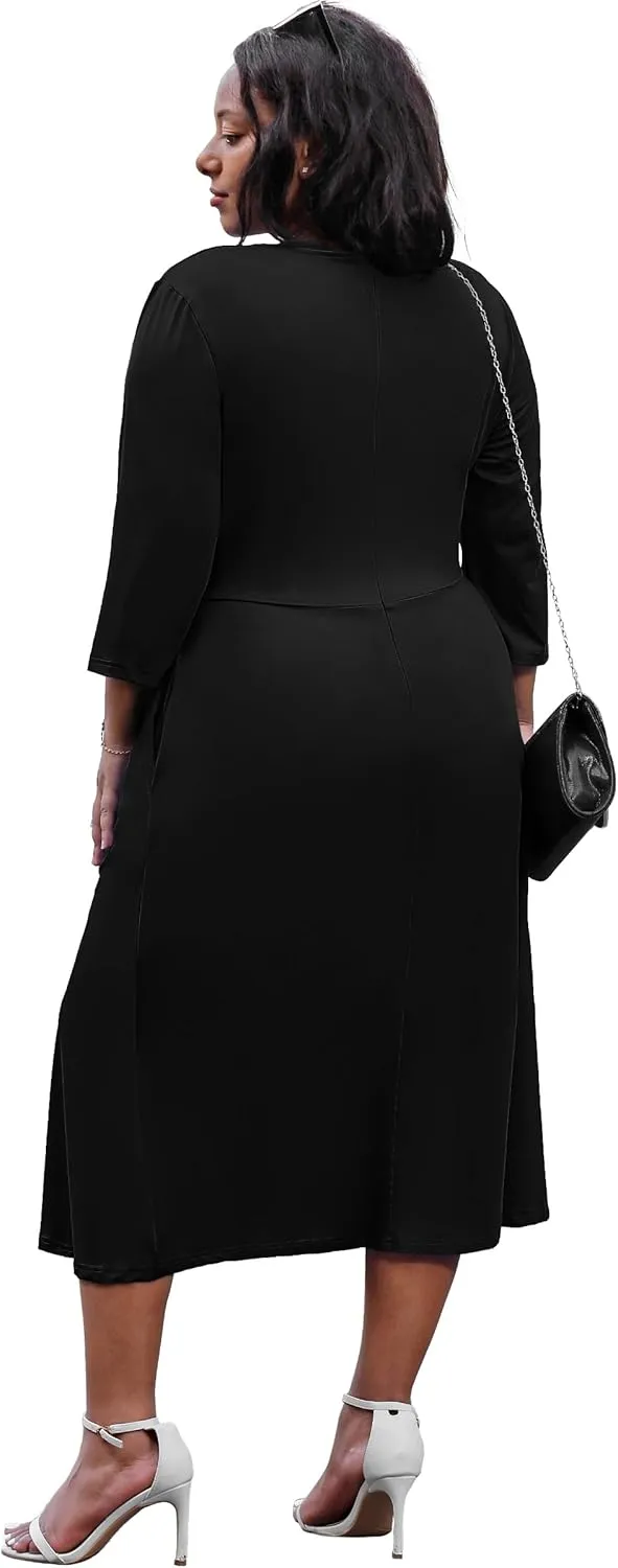 Nmoder Women's Plus Size Stretchy Flared Wrap Dress Casual Wedding Guest Midi Dresses V Neck 3/4 Sleeve A-Line Swing Dress