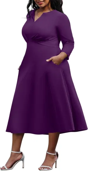 Nmoder Women's Plus Size Stretchy Flared Wrap Dress Casual Wedding Guest Midi Dresses V Neck 3/4 Sleeve A-Line Swing Dress