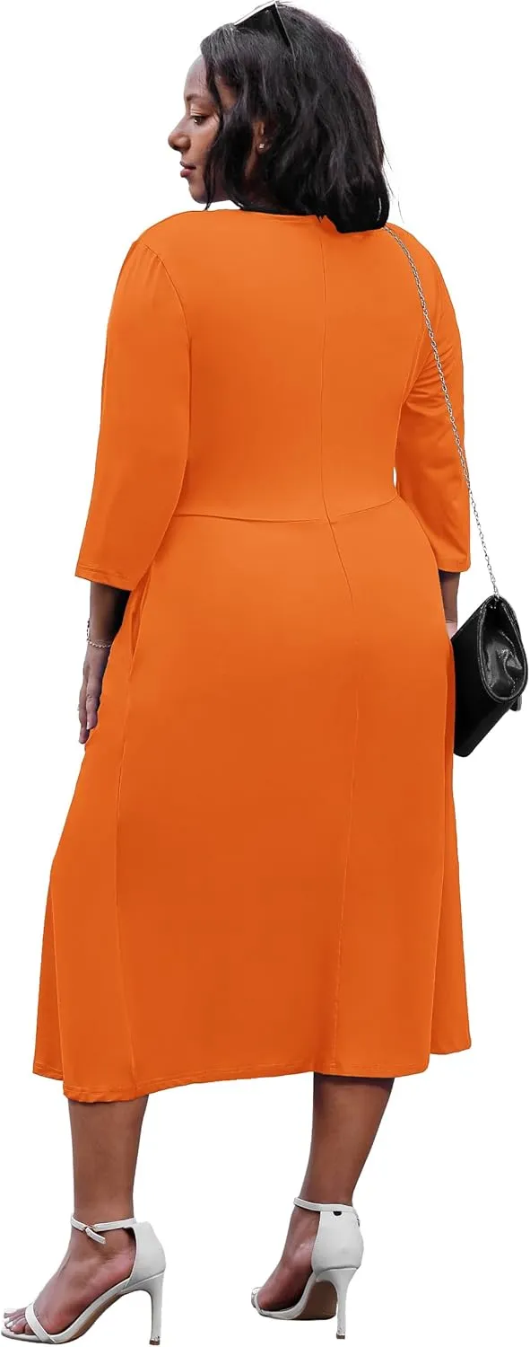 Nmoder Women's Plus Size Stretchy Flared Wrap Dress Casual Wedding Guest Midi Dresses V Neck 3/4 Sleeve A-Line Swing Dress