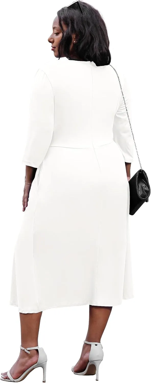 Nmoder Women's Plus Size Stretchy Flared Wrap Dress Casual Wedding Guest Midi Dresses V Neck 3/4 Sleeve A-Line Swing Dress