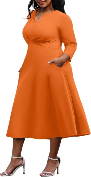Nmoder Women's Plus Size Stretchy Flared Wrap Dress Casual Wedding Guest Midi Dresses V Neck 3/4 Sleeve A-Line Swing Dress