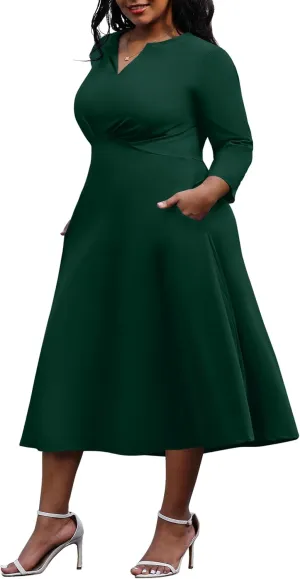 Nmoder Women's Plus Size Stretchy Flared Wrap Dress Casual Wedding Guest Midi Dresses V Neck 3/4 Sleeve A-Line Swing Dress