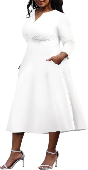 Nmoder Women's Plus Size Stretchy Flared Wrap Dress Casual Wedding Guest Midi Dresses V Neck 3/4 Sleeve A-Line Swing Dress