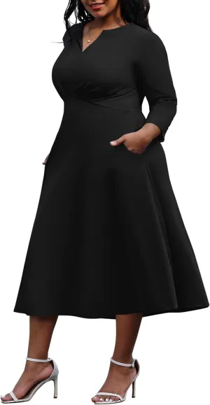Nmoder Women's Plus Size Stretchy Flared Wrap Dress Casual Wedding Guest Midi Dresses V Neck 3/4 Sleeve A-Line Swing Dress
