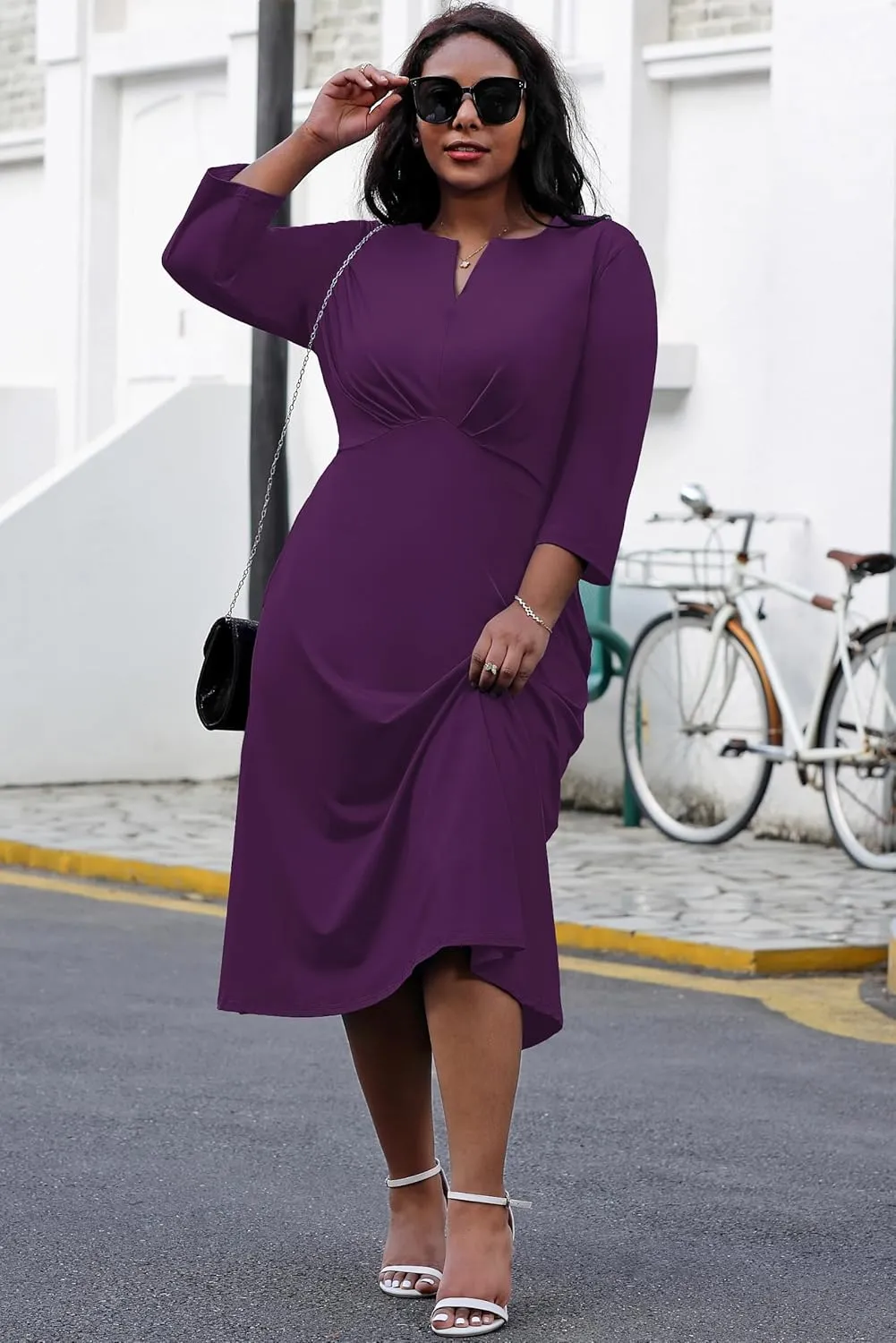 Nmoder Women's Plus Size Stretchy Flared Wrap Dress Casual Wedding Guest Midi Dresses V Neck 3/4 Sleeve A-Line Swing Dress