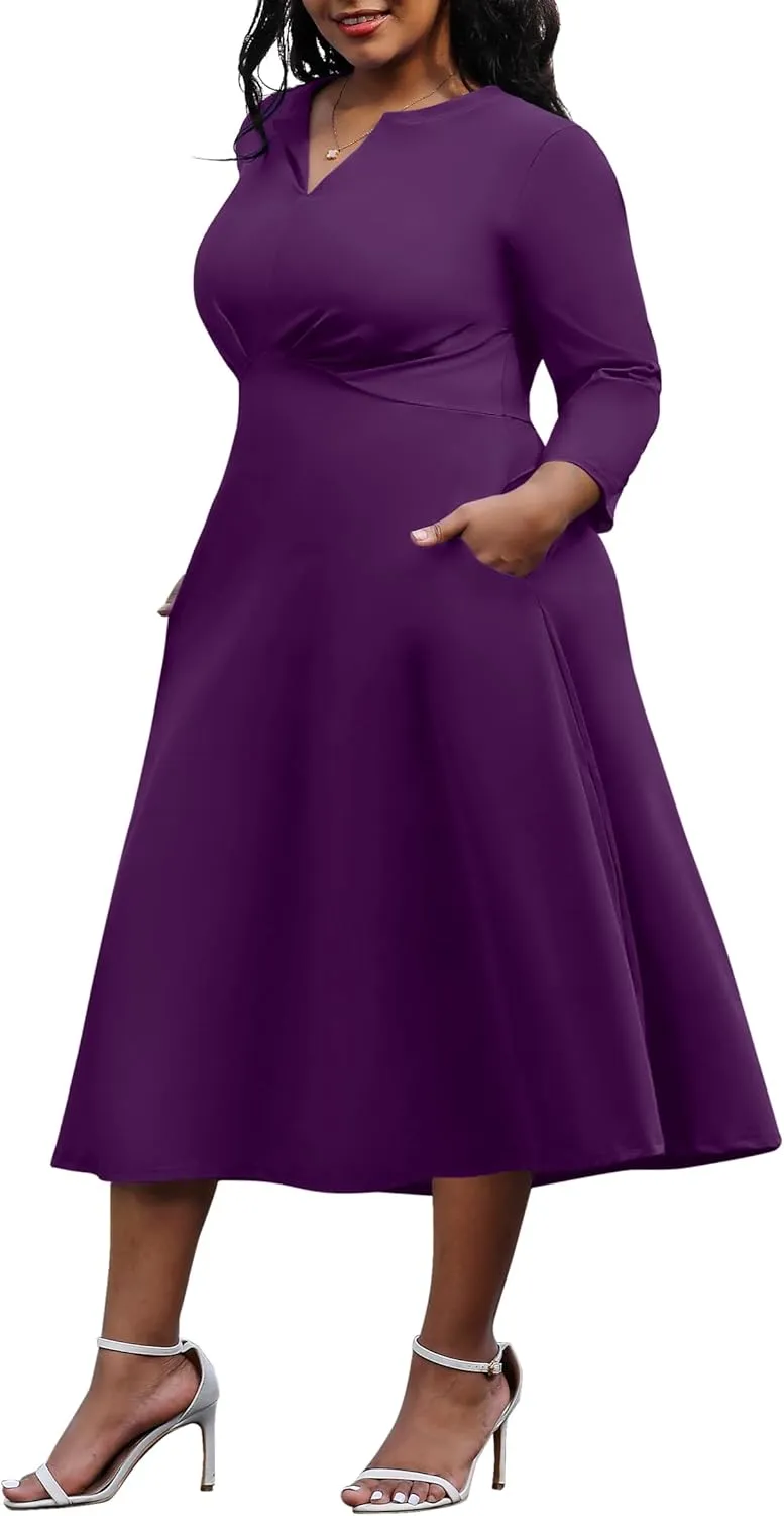 Nmoder Women's Plus Size Stretchy Flared Wrap Dress Casual Wedding Guest Midi Dresses V Neck 3/4 Sleeve A-Line Swing Dress