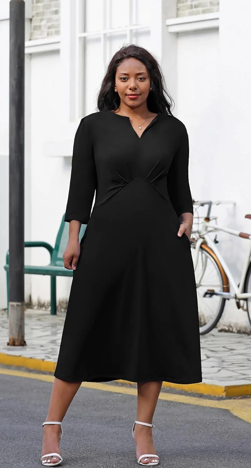 Nmoder Women's Plus Size Stretchy Flared Wrap Dress Casual Wedding Guest Midi Dresses V Neck 3/4 Sleeve A-Line Swing Dress