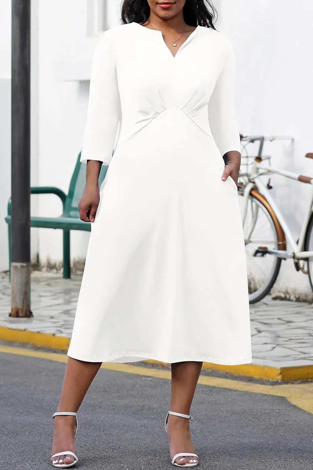 Nmoder Women's Plus Size Stretchy Flared Wrap Dress Casual Wedding Guest Midi Dresses V Neck 3/4 Sleeve A-Line Swing Dress