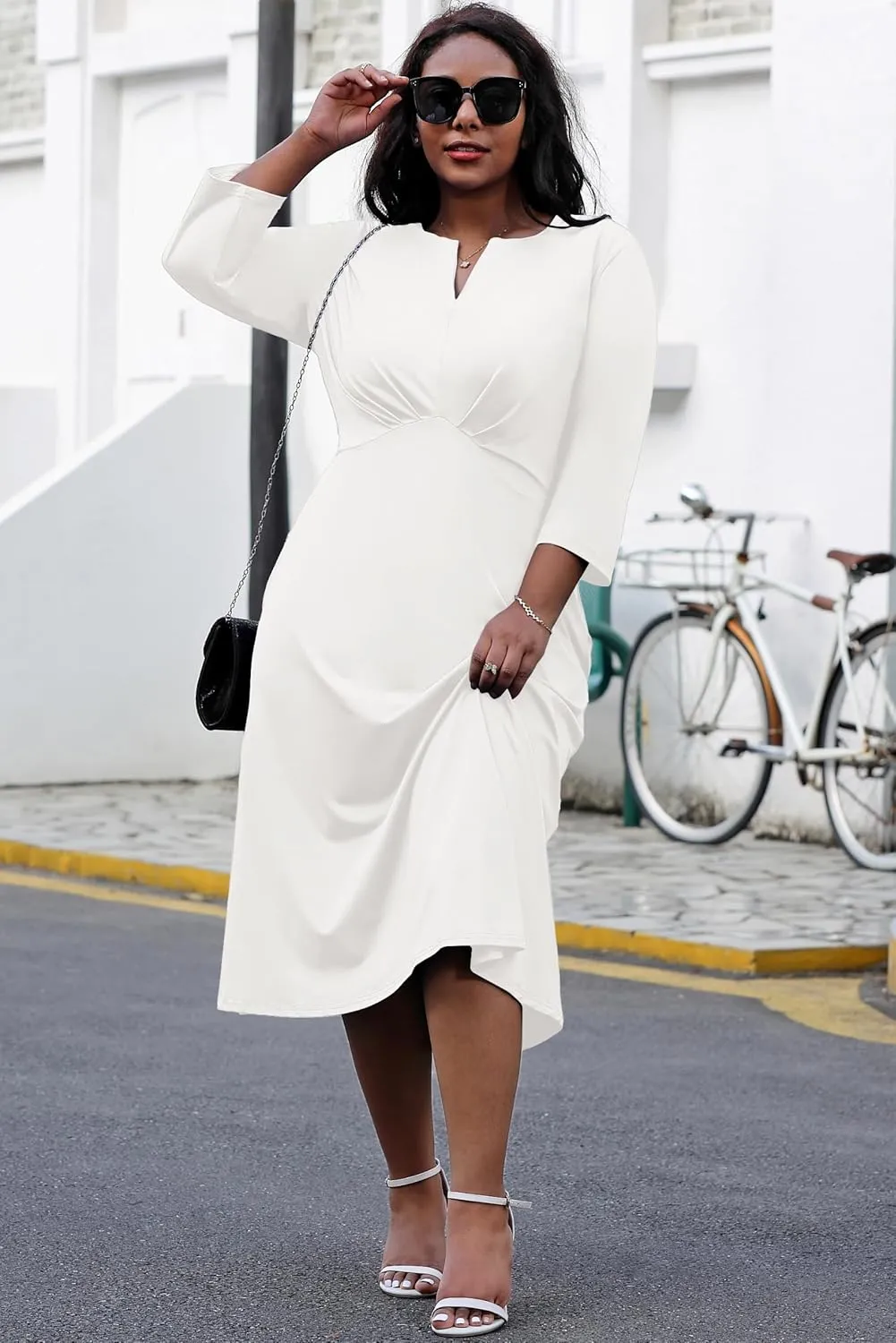 Nmoder Women's Plus Size Stretchy Flared Wrap Dress Casual Wedding Guest Midi Dresses V Neck 3/4 Sleeve A-Line Swing Dress