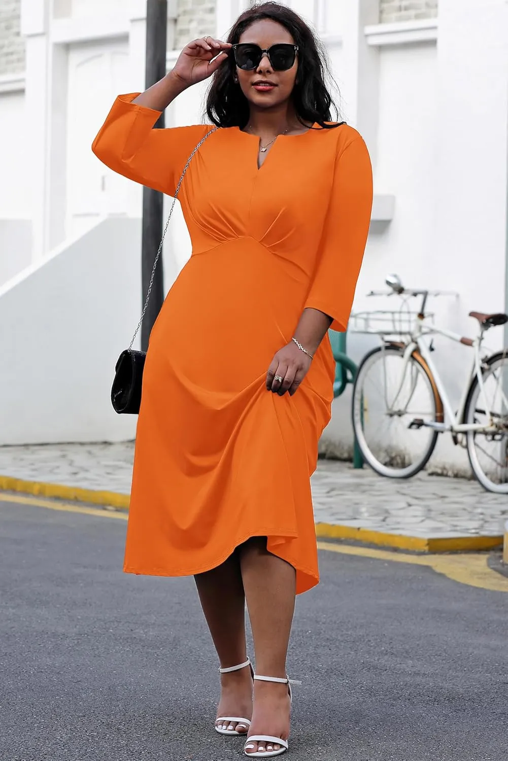 Nmoder Women's Plus Size Stretchy Flared Wrap Dress Casual Wedding Guest Midi Dresses V Neck 3/4 Sleeve A-Line Swing Dress