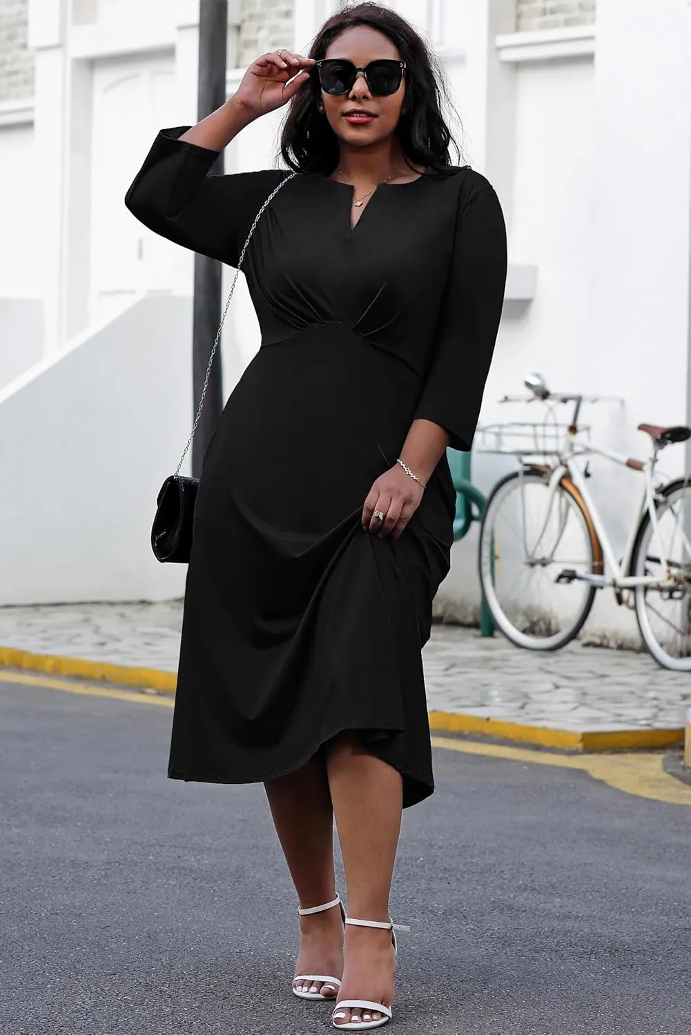 Nmoder Women's Plus Size Stretchy Flared Wrap Dress Casual Wedding Guest Midi Dresses V Neck 3/4 Sleeve A-Line Swing Dress