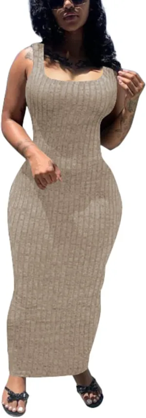 PINSV Women's Bodycon Maxi Dress Stretchy Sleeveless Tank Dress Summer Long Ribbed Casual Beach Party Dress