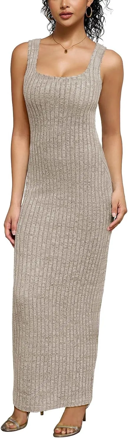 PINSV Women's Bodycon Maxi Dress Stretchy Sleeveless Tank Dress Summer Long Ribbed Casual Beach Party Dress