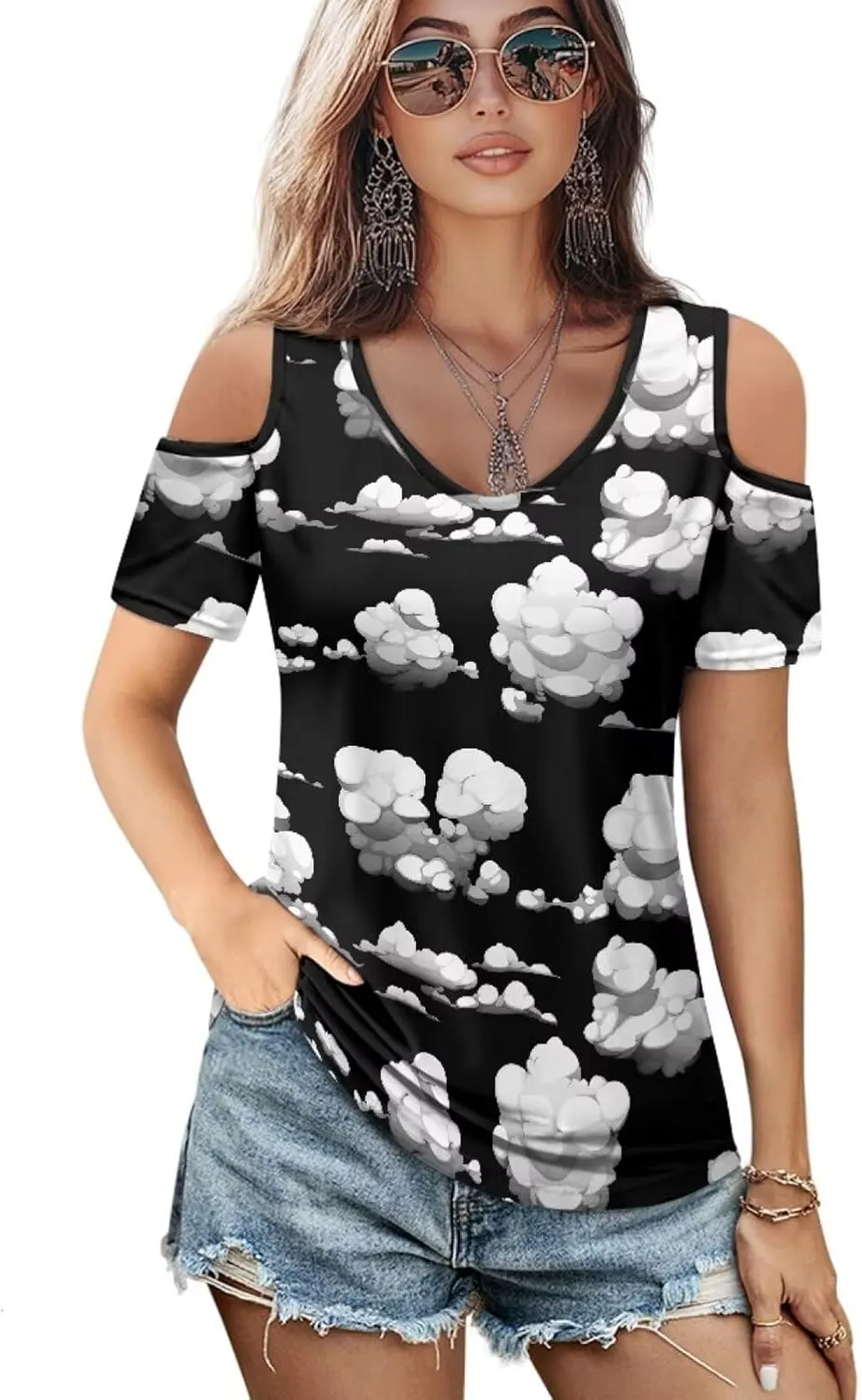 PinUp Angel Women Casual Tops Cut Out Cold Shoulder Short Sleeve T Shirts Fashion Summer Tunic Blouse Shirts