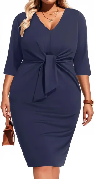 Pinup Fashion Women Plus Size Work Dresses - Wedding Guest Cocktail Semi Formal Tie Waist Sheath Dress