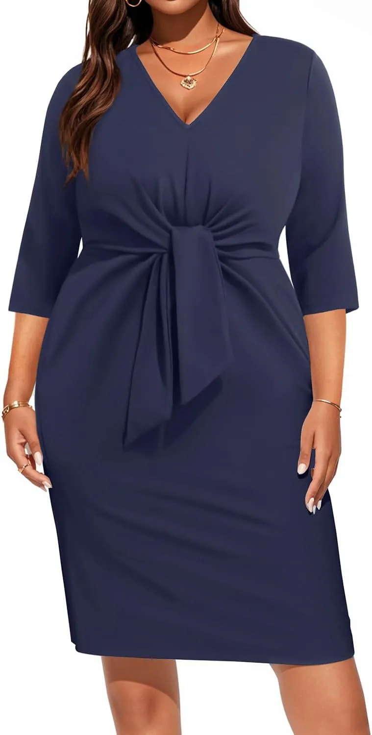 Pinup Fashion Women Plus Size Work Dresses - Wedding Guest Cocktail Semi Formal Tie Waist Sheath Dress