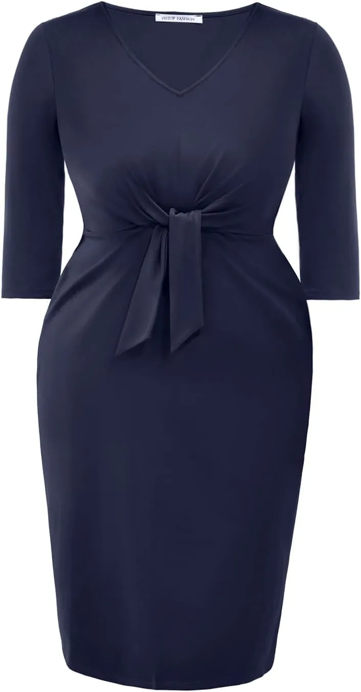 Pinup Fashion Women Plus Size Work Dresses - Wedding Guest Cocktail Semi Formal Tie Waist Sheath Dress