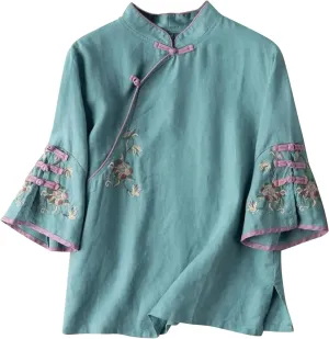 Plus Size Linen Tops Summer 3/4 Sleeve Chinese Frog Blouses Traditional Mandarin Embroidered Jacquard Shirts