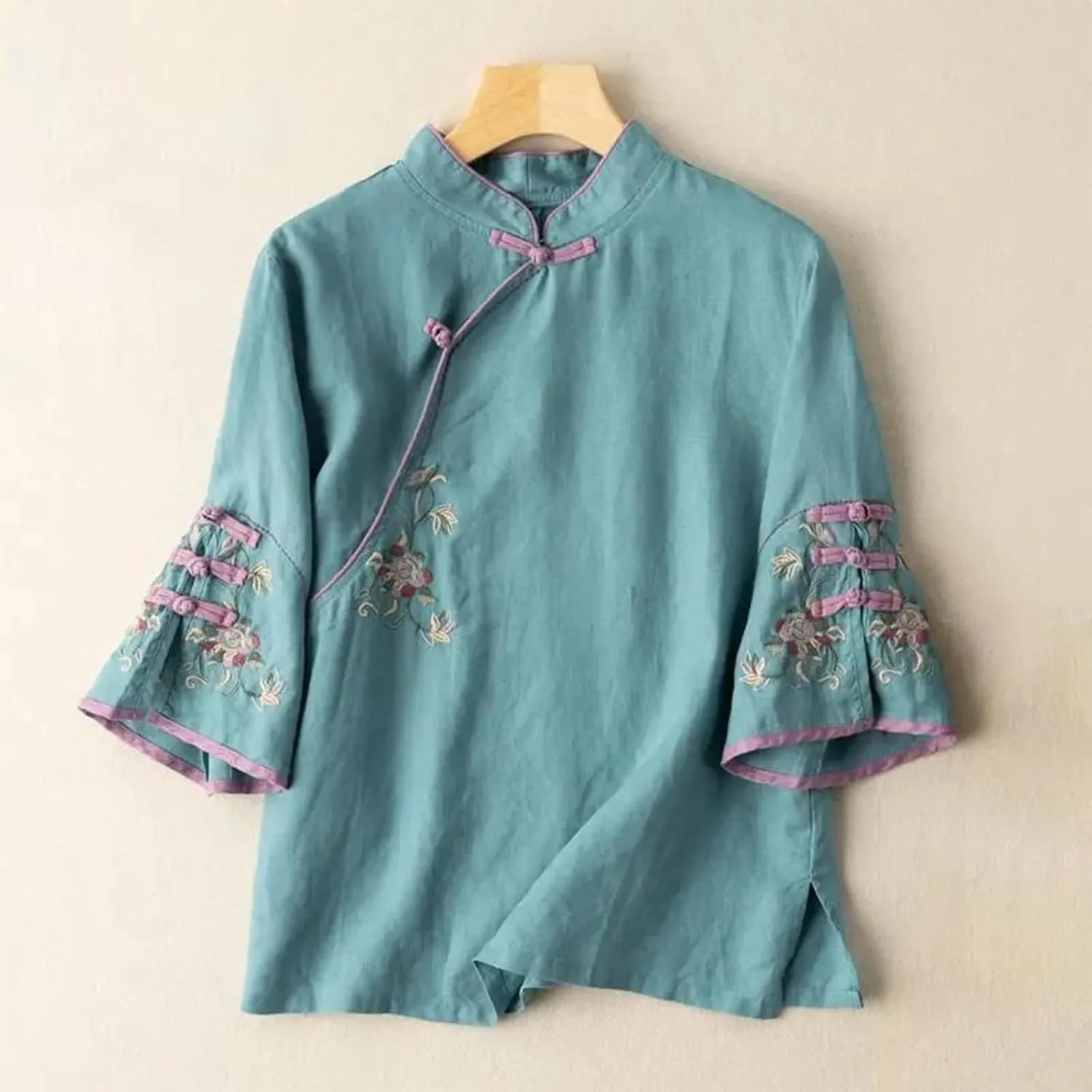 Plus Size Linen Tops Summer 3/4 Sleeve Chinese Frog Blouses Traditional Mandarin Embroidered Jacquard Shirts