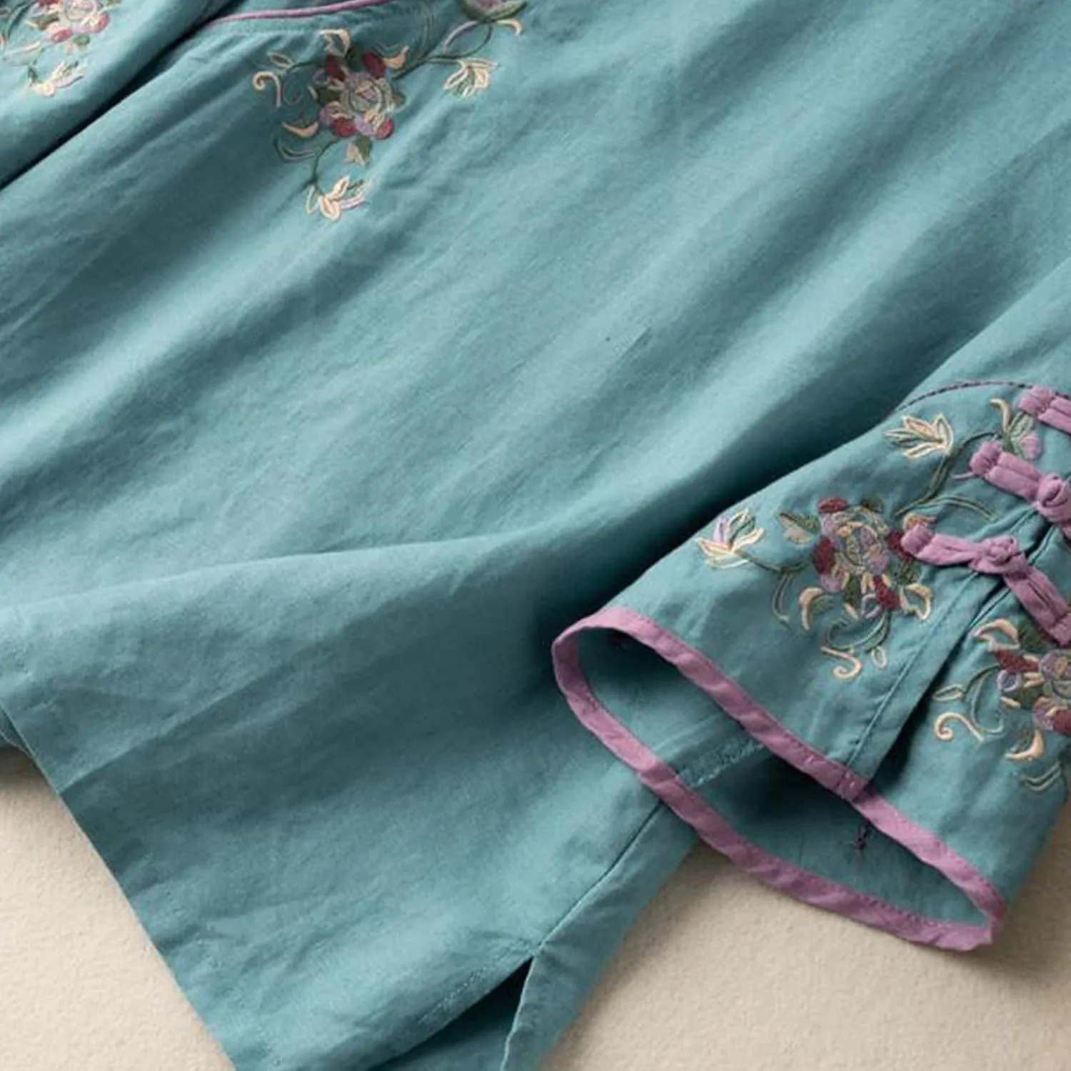 Plus Size Linen Tops Summer 3/4 Sleeve Chinese Frog Blouses Traditional Mandarin Embroidered Jacquard Shirts