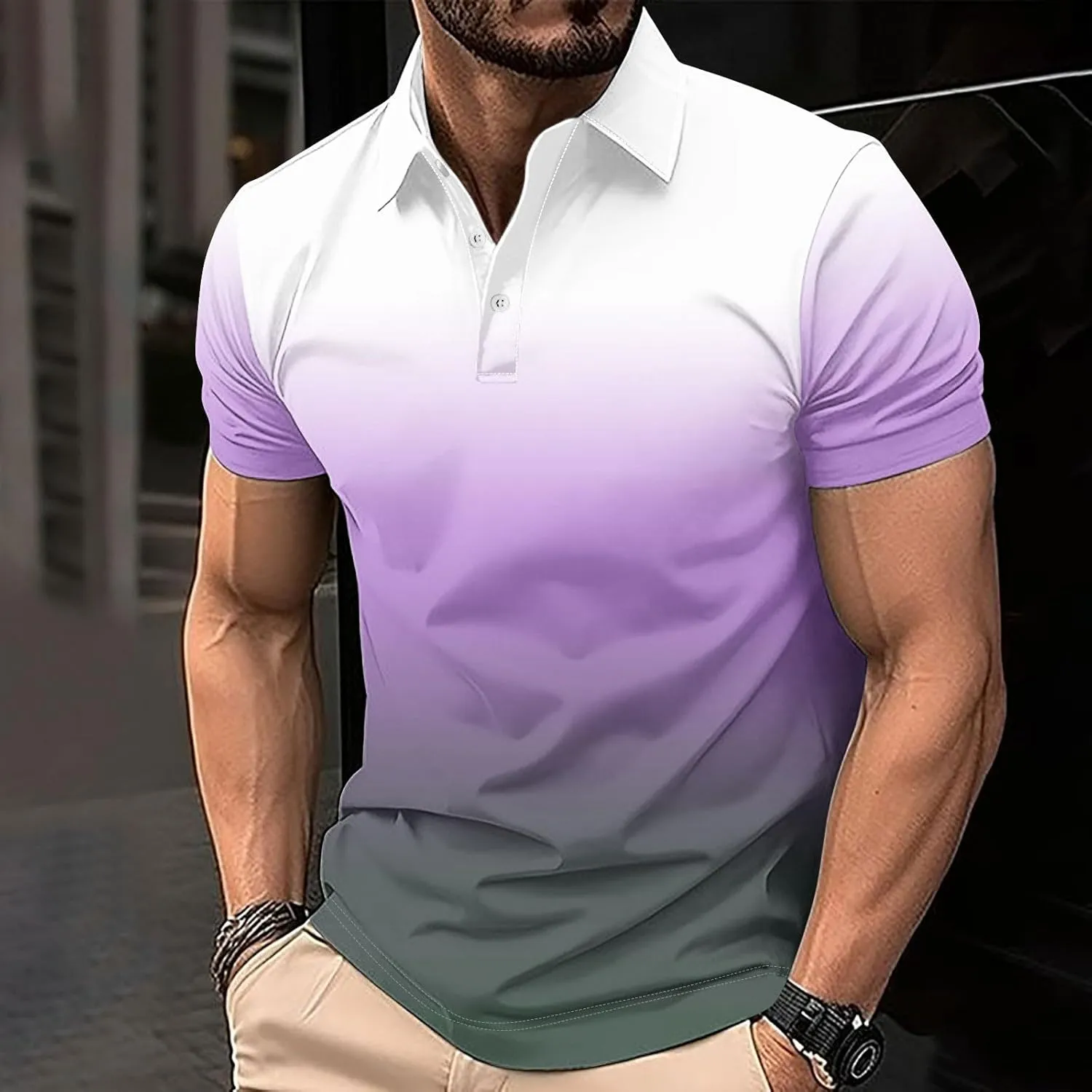 Polo Shirts for Men Short Sleeve Button Down Collar Gradient Tees Dressy Casual Business Work Tshirt Summer Golf Tops