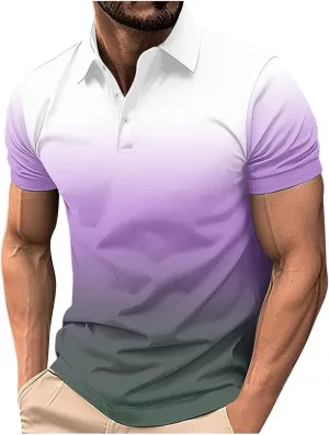 Polo Shirts for Men Short Sleeve Button Down Collar Gradient Tees Dressy Casual Business Work Tshirt Summer Golf Tops
