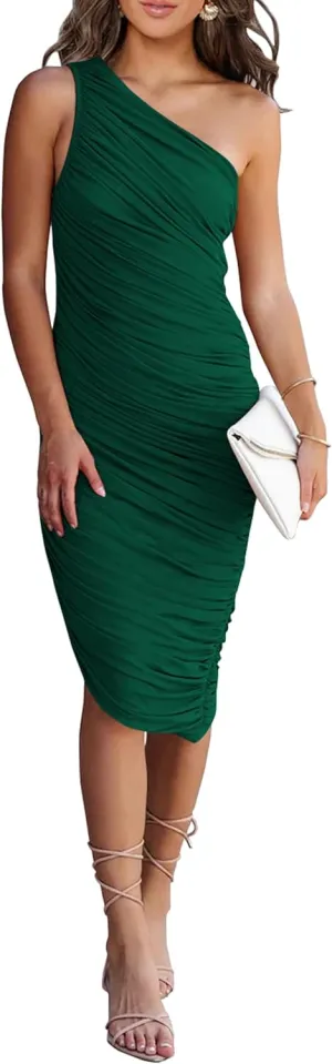 PRETTYGARDEN Summer One Shoulder Dresses for Women 2025 Elegant Mesh Ruched Asymmetrical Wedding Guest Cocktail Bodycon Dress