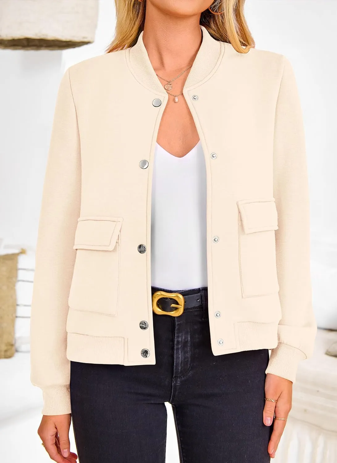 PRETTYGARDEN Women's Bomber Jackets Winter Trendy Varsity Jackets Shackets Button Down Cropped Coats with Pockets