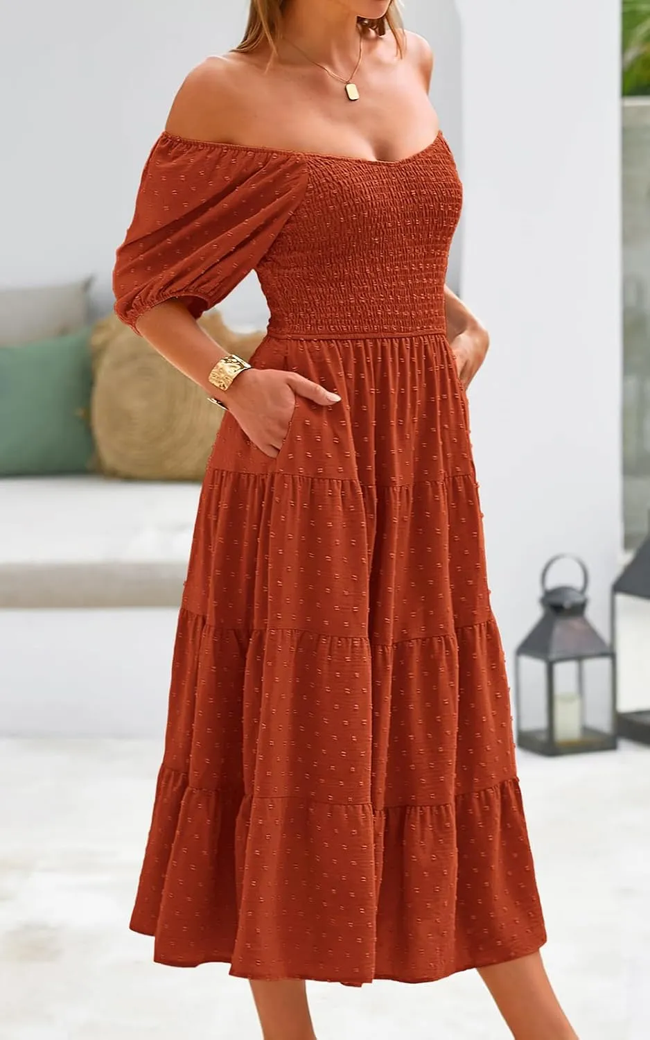 PRETTYGARDEN Women's Spring Dresses 2025 Puff Sleeve V Neck Swiss Dot High Waist Chiffon Dress Tiered Smocked Maxi Dresses