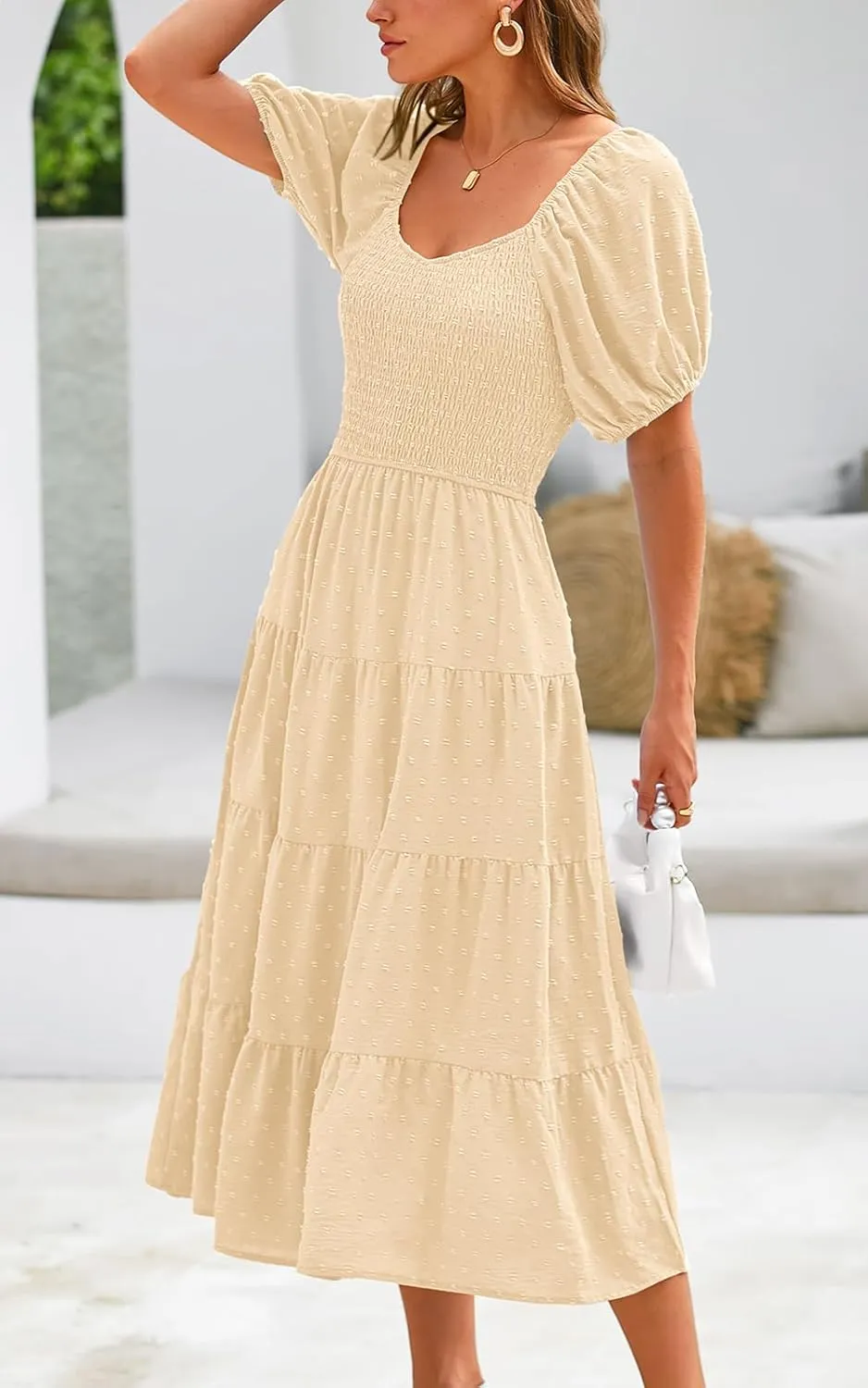 PRETTYGARDEN Women's Spring Dresses 2025 Puff Sleeve V Neck Swiss Dot High Waist Chiffon Dress Tiered Smocked Maxi Dresses