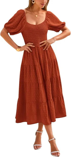 PRETTYGARDEN Women's Spring Dresses 2025 Puff Sleeve V Neck Swiss Dot High Waist Chiffon Dress Tiered Smocked Maxi Dresses