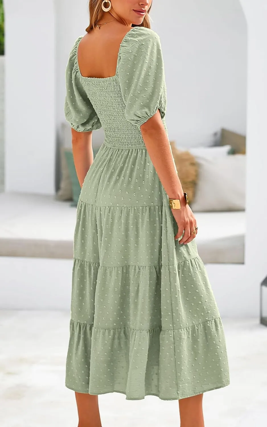 PRETTYGARDEN Women's Spring Dresses 2025 Puff Sleeve V Neck Swiss Dot High Waist Chiffon Dress Tiered Smocked Maxi Dresses
