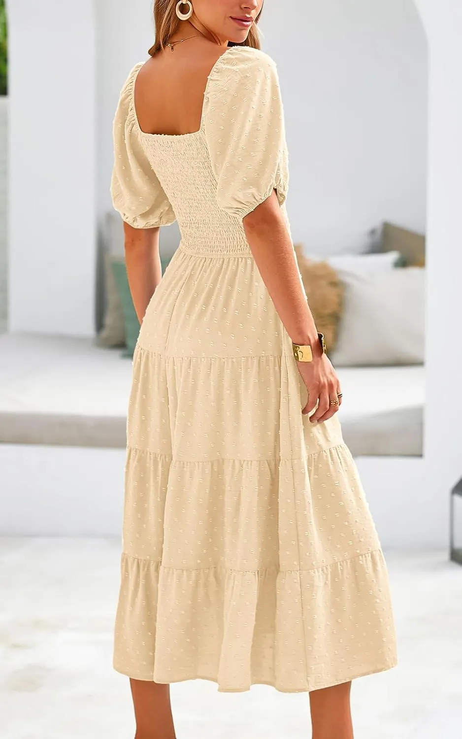 PRETTYGARDEN Women's Spring Dresses 2025 Puff Sleeve V Neck Swiss Dot High Waist Chiffon Dress Tiered Smocked Maxi Dresses