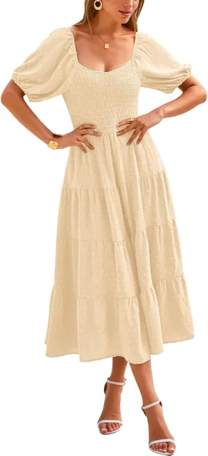 PRETTYGARDEN Women's Spring Dresses 2025 Puff Sleeve V Neck Swiss Dot High Waist Chiffon Dress Tiered Smocked Maxi Dresses
