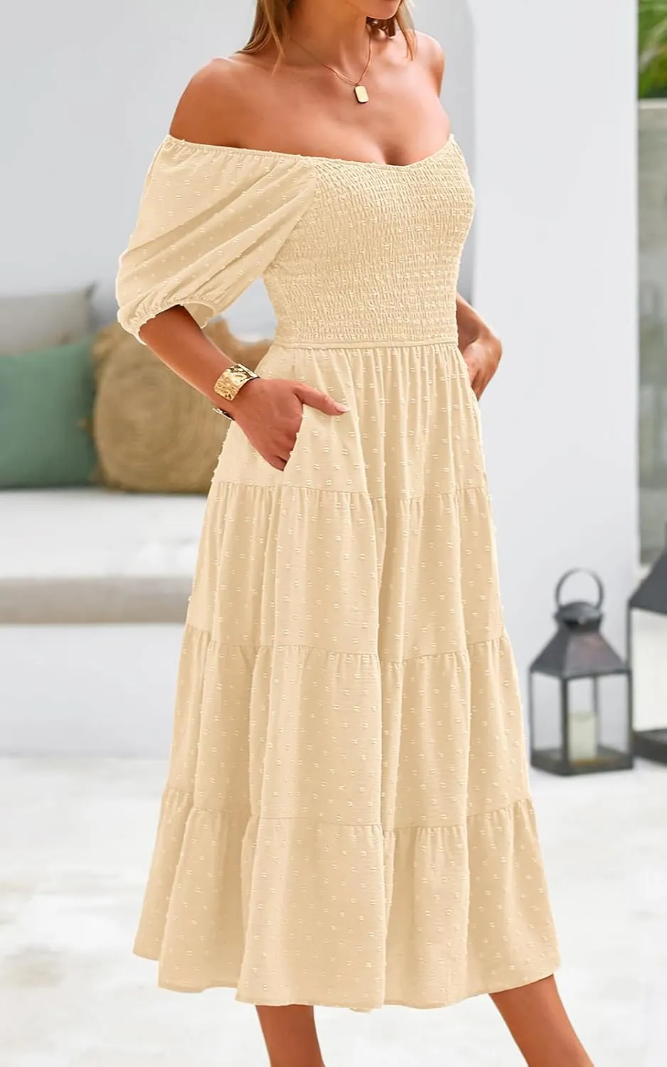 PRETTYGARDEN Women's Spring Dresses 2025 Puff Sleeve V Neck Swiss Dot High Waist Chiffon Dress Tiered Smocked Maxi Dresses