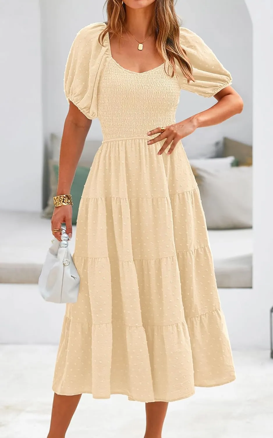 PRETTYGARDEN Women's Spring Dresses 2025 Puff Sleeve V Neck Swiss Dot High Waist Chiffon Dress Tiered Smocked Maxi Dresses