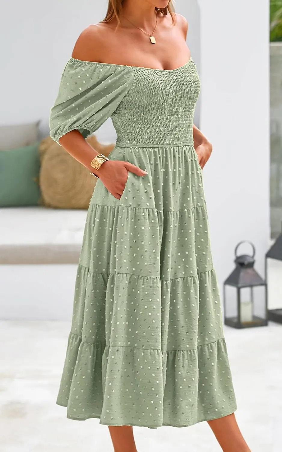 PRETTYGARDEN Women's Spring Dresses 2025 Puff Sleeve V Neck Swiss Dot High Waist Chiffon Dress Tiered Smocked Maxi Dresses
