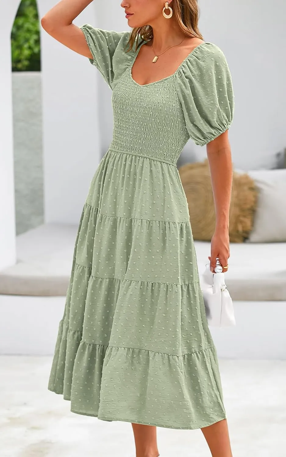 PRETTYGARDEN Women's Spring Dresses 2025 Puff Sleeve V Neck Swiss Dot High Waist Chiffon Dress Tiered Smocked Maxi Dresses