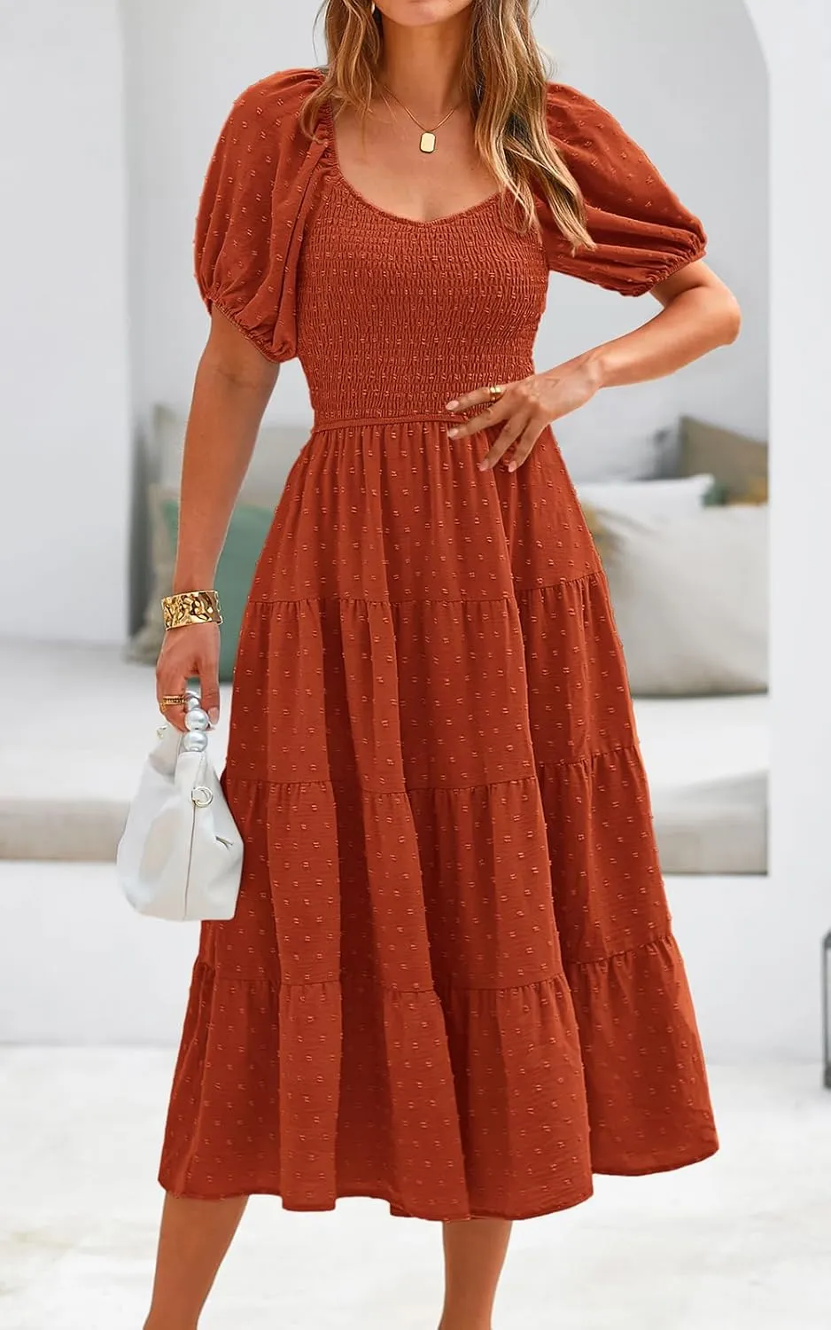 PRETTYGARDEN Women's Spring Dresses 2025 Puff Sleeve V Neck Swiss Dot High Waist Chiffon Dress Tiered Smocked Maxi Dresses