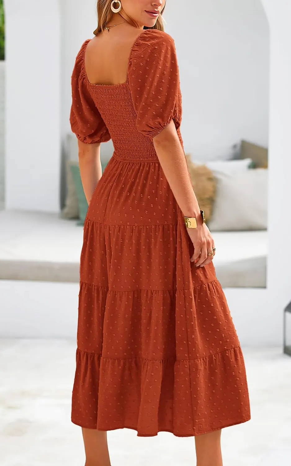 PRETTYGARDEN Women's Spring Dresses 2025 Puff Sleeve V Neck Swiss Dot High Waist Chiffon Dress Tiered Smocked Maxi Dresses