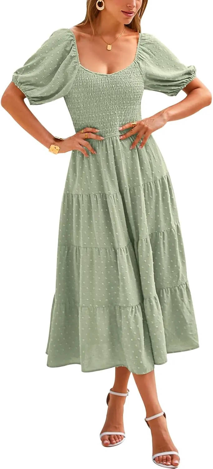 PRETTYGARDEN Women's Spring Dresses 2025 Puff Sleeve V Neck Swiss Dot High Waist Chiffon Dress Tiered Smocked Maxi Dresses
