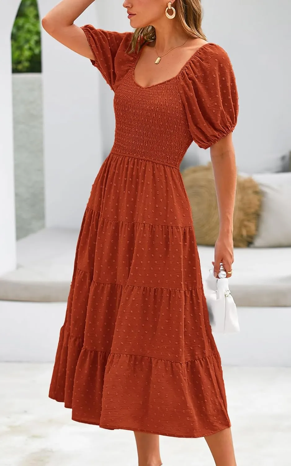 PRETTYGARDEN Women's Spring Dresses 2025 Puff Sleeve V Neck Swiss Dot High Waist Chiffon Dress Tiered Smocked Maxi Dresses