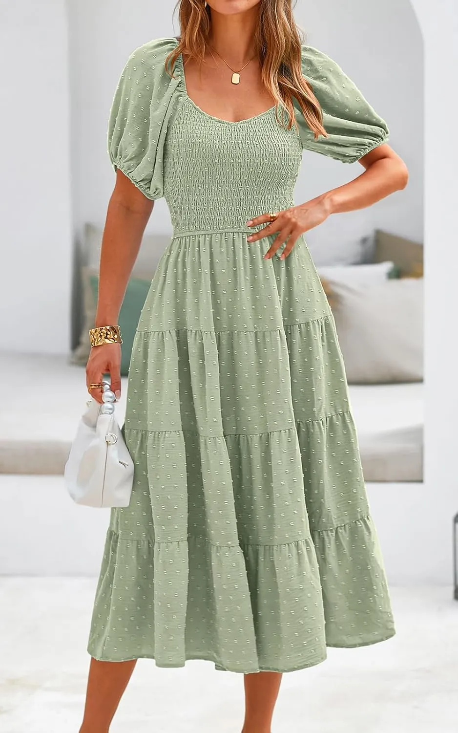 PRETTYGARDEN Women's Spring Dresses 2025 Puff Sleeve V Neck Swiss Dot High Waist Chiffon Dress Tiered Smocked Maxi Dresses