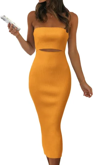 PRETTYGARDEN Women's Summer Midi Bodycon Dress Strapless Cut Out Knit Tube Long Fitted Dresses