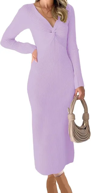 RAISECOM Womens Ribbed Knit Maxi Dresses Long Sleeve V Neck Casual Sweater Dress Bodycon Midi Dress