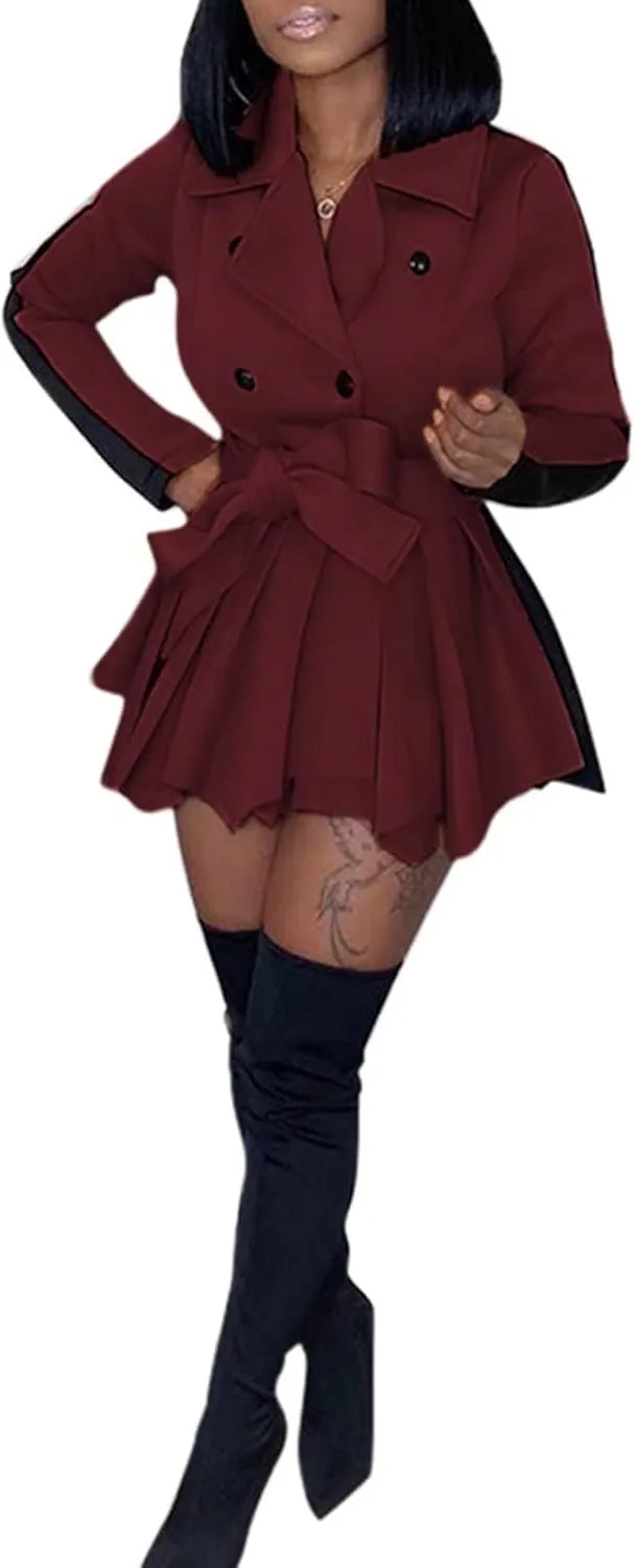 RAMOUG Two Tone Lapel V Neck Double Breasted Peplum Jacket Sexy Belted Blazer Mini Dress