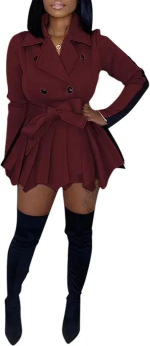 RAMOUG Two Tone Lapel V Neck Double Breasted Peplum Jacket Sexy Belted Blazer Mini Dress