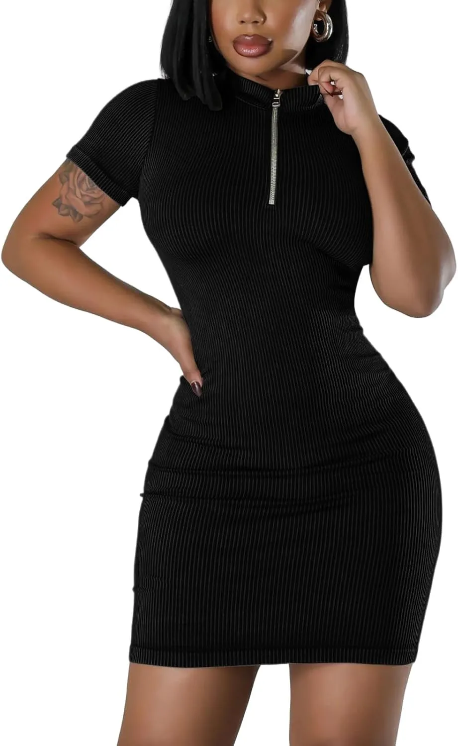 Ribbed Bodycon Dresses for Women Short Sleeve Summer Zip Up Front Casual Mini Tank Dress